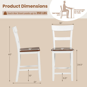 Farmhouse Dining Bar Stool Set of 2 with Solid Rubber Wood Frame-White