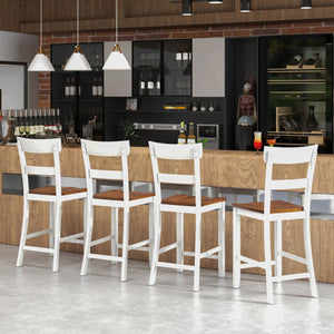 Farmhouse Dining Bar Stool Set of 2 with Solid Rubber Wood Frame-White