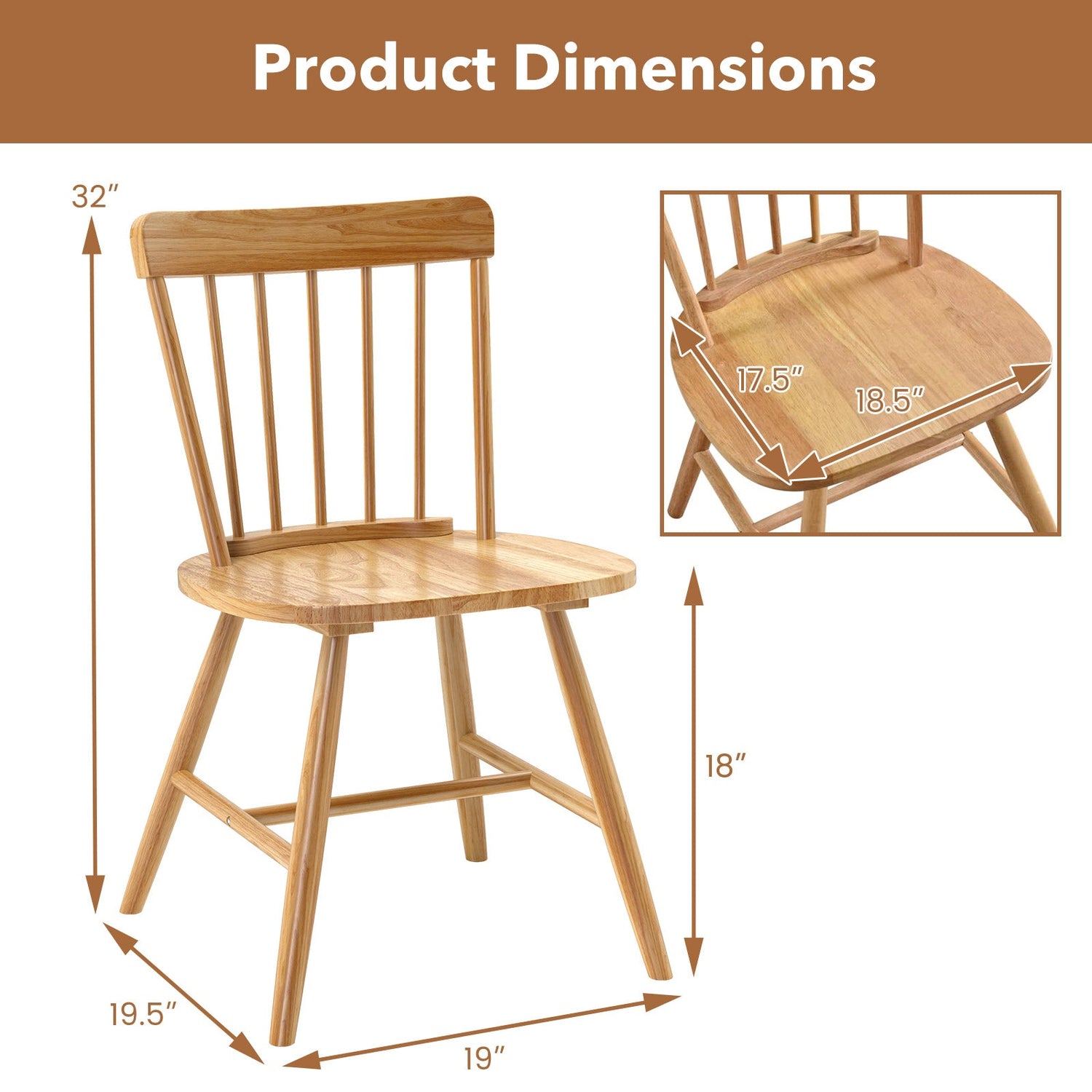 Farmhouse Kitchen Chair Set of 2 with Rubber Wood Frame-Natural by DirectDeals