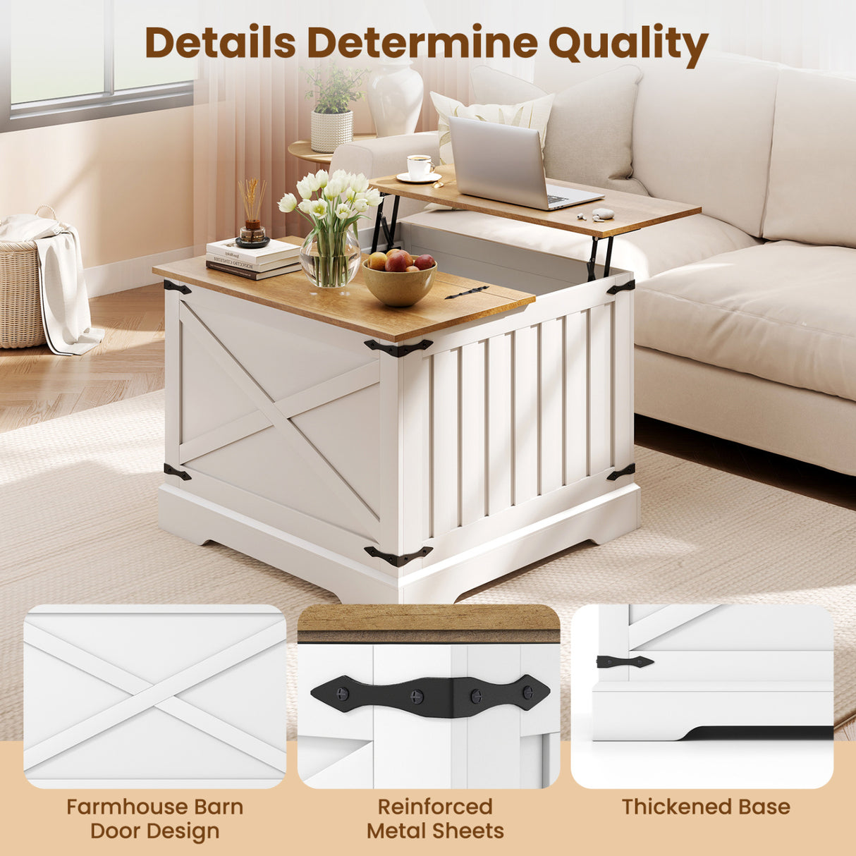 Farmhouse Lift Top Coffee Table with Hidden Storage Compartment-Brown
