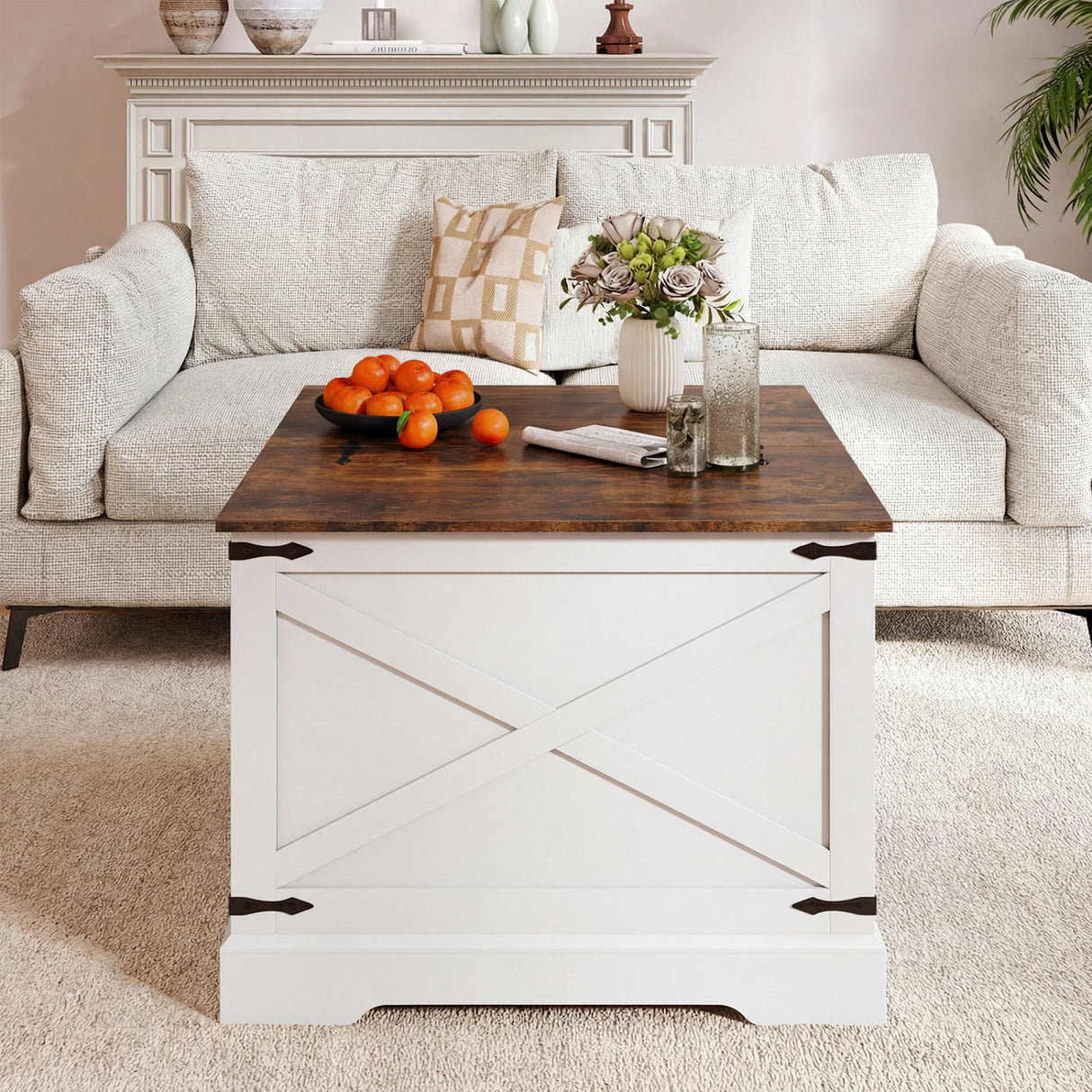 Farmhouse Lift Top Coffee Table with Hidden Storage Compartment-Rustic Brown