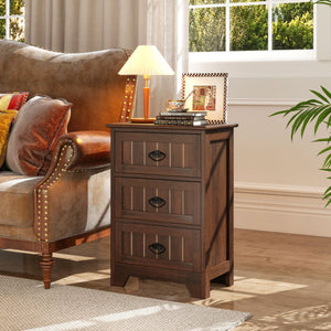 Farmhouse Nightstand with 3 Storage Drawers and Handles-Walnut