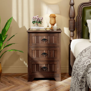 Farmhouse Nightstand with 3 Storage Drawers and Handles-Walnut