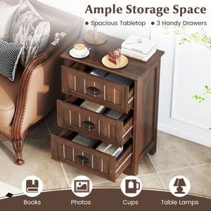 Farmhouse Nightstand with 3 Storage Drawers and Handles-Walnut