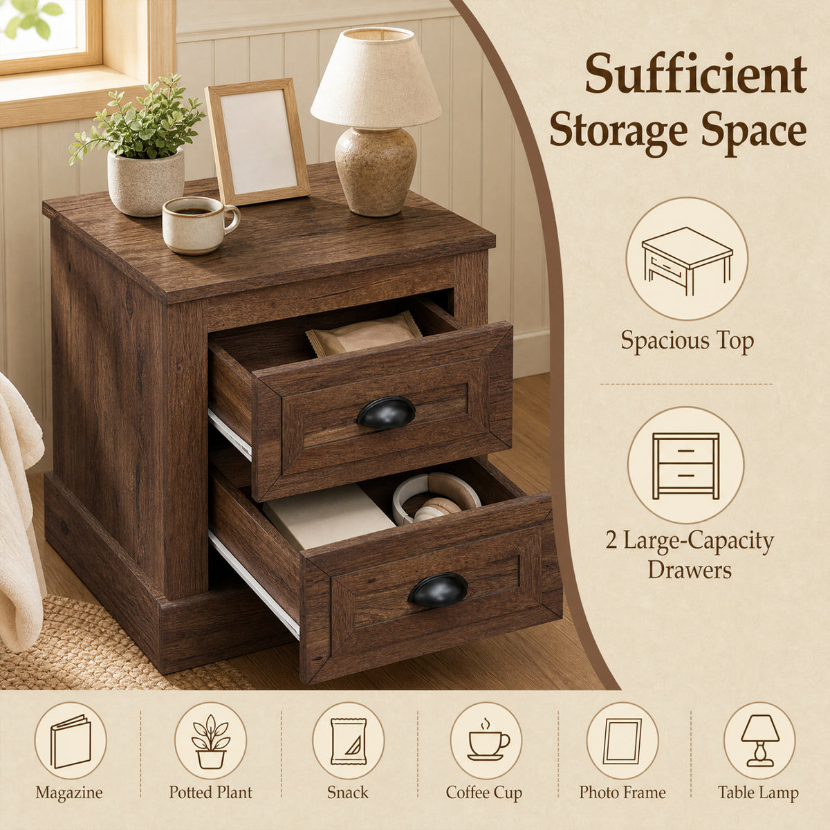 Farmhouse Nightstand with 2 Drawers & Storage for Living Room Bedroom-Brown