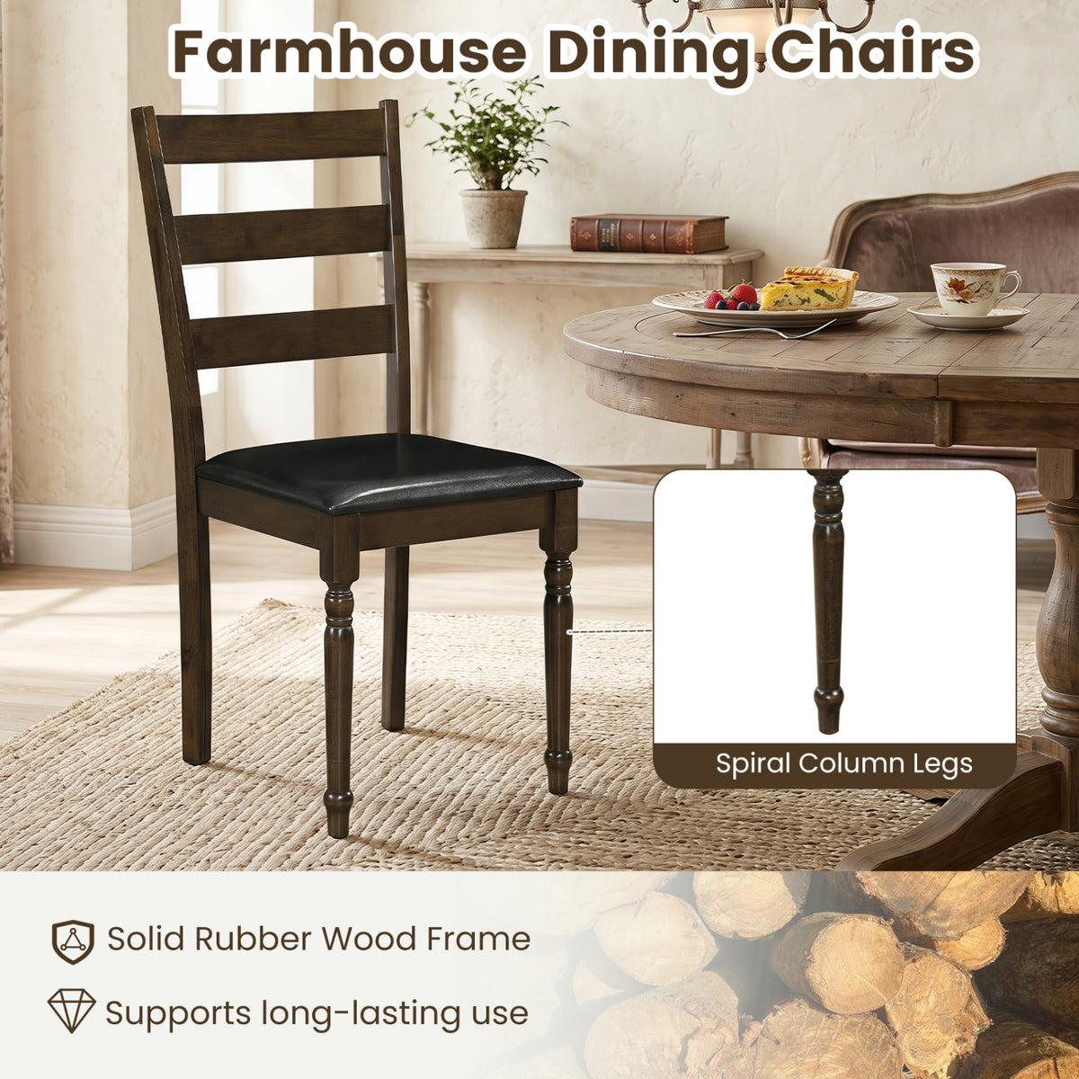 Farmhouse PU Leather Upholstered Dining Chairs Set of 2-Brown