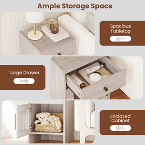 Nightstand with Drawer and Cabinet-Antique Brush White