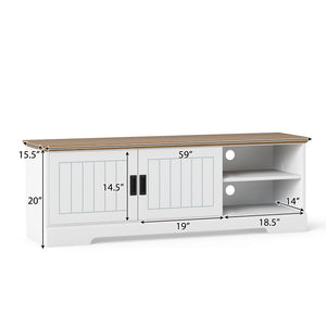 Farmhouse TV Stand for TVs up to 65 Inch with Sliding Doors and Storage Cabinets-White