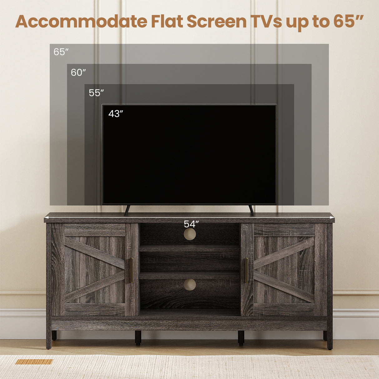 Farmhouse TV Stand for TVs up to 65 Inch Entertainment Center with 2 Storage Cabinets-Gray
