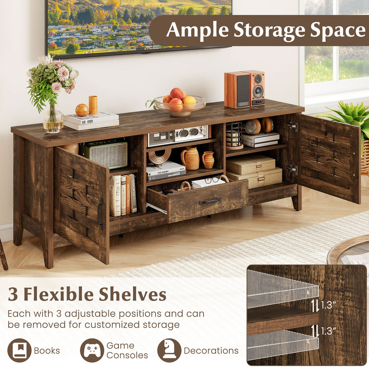 Farmhouse TV Stand for 65 Inch TVs with 2 Woven Accent Doors and 3 Adjustable Shelves-Rustic Brown