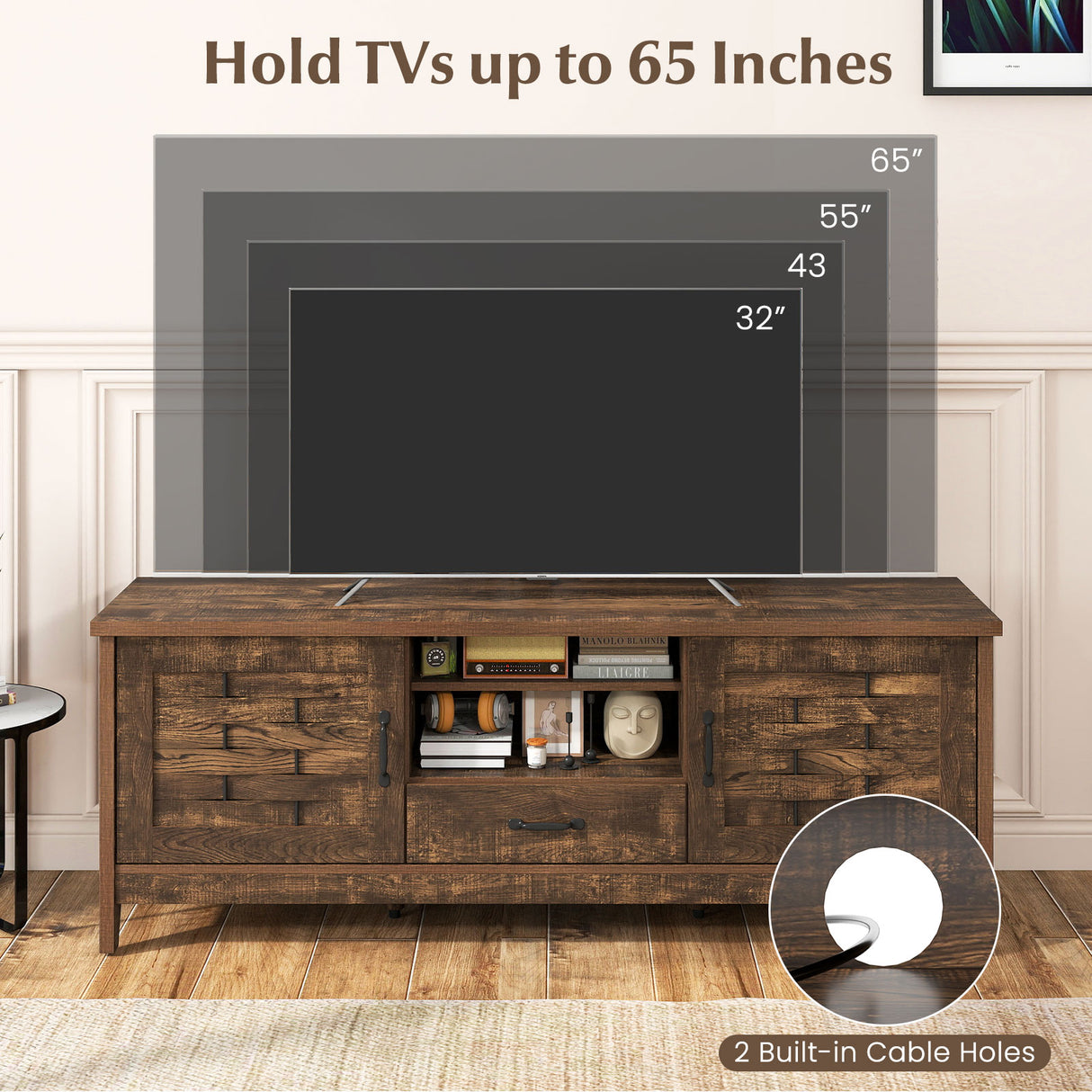 Farmhouse TV Stand for 65 Inch TVs with 2 Woven Accent Doors and 3 Adjustable Shelves-Rustic Brown