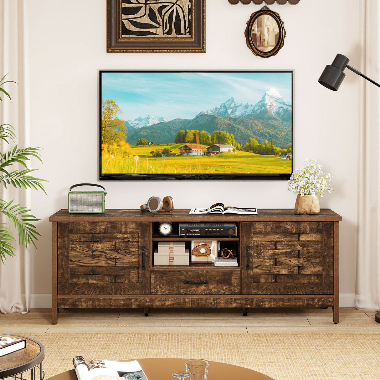 Farmhouse TV Stand for 65 Inch TVs with 2 Woven Accent Doors and 3 Adjustable Shelves-Rustic Brown