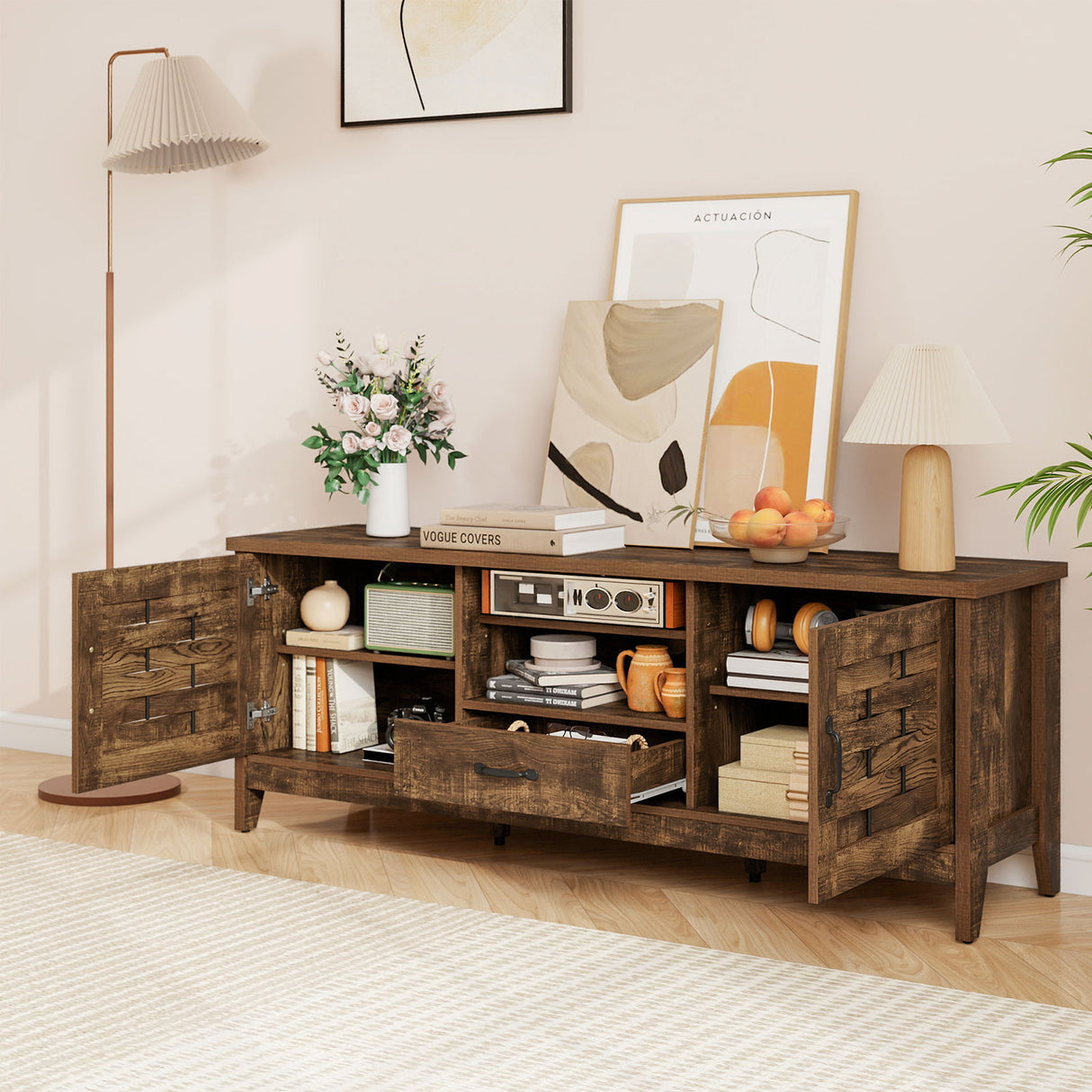 Farmhouse TV Stand for 65 Inch TVs with 2 Woven Accent Doors and 3 Adjustable Shelves-Rustic Brown