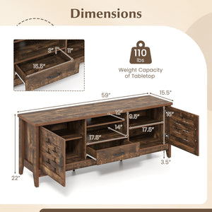 Farmhouse TV Stand for 65 Inch TVs with 2 Woven Accent Doors and 3 Adjustable Shelves-Rustic Brown