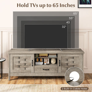 Farmhouse TV Stand for 65 Inch TVs with 2 Woven Accent Doors and 3 Adjustable Shelves-Oak