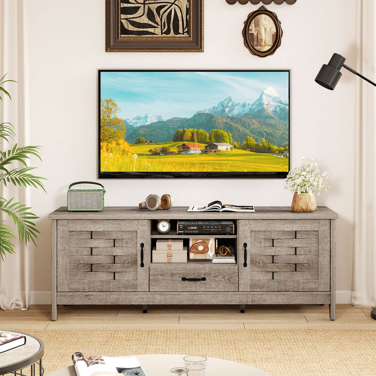 Farmhouse TV Stand for 65 Inch TVs with 2 Woven Accent Doors and 3 Adjustable Shelves-Oak