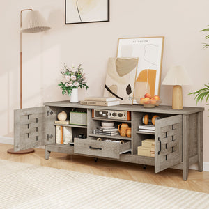 Farmhouse TV Stand for 65 Inch TVs with 2 Woven Accent Doors and 3 Adjustable Shelves-Oak
