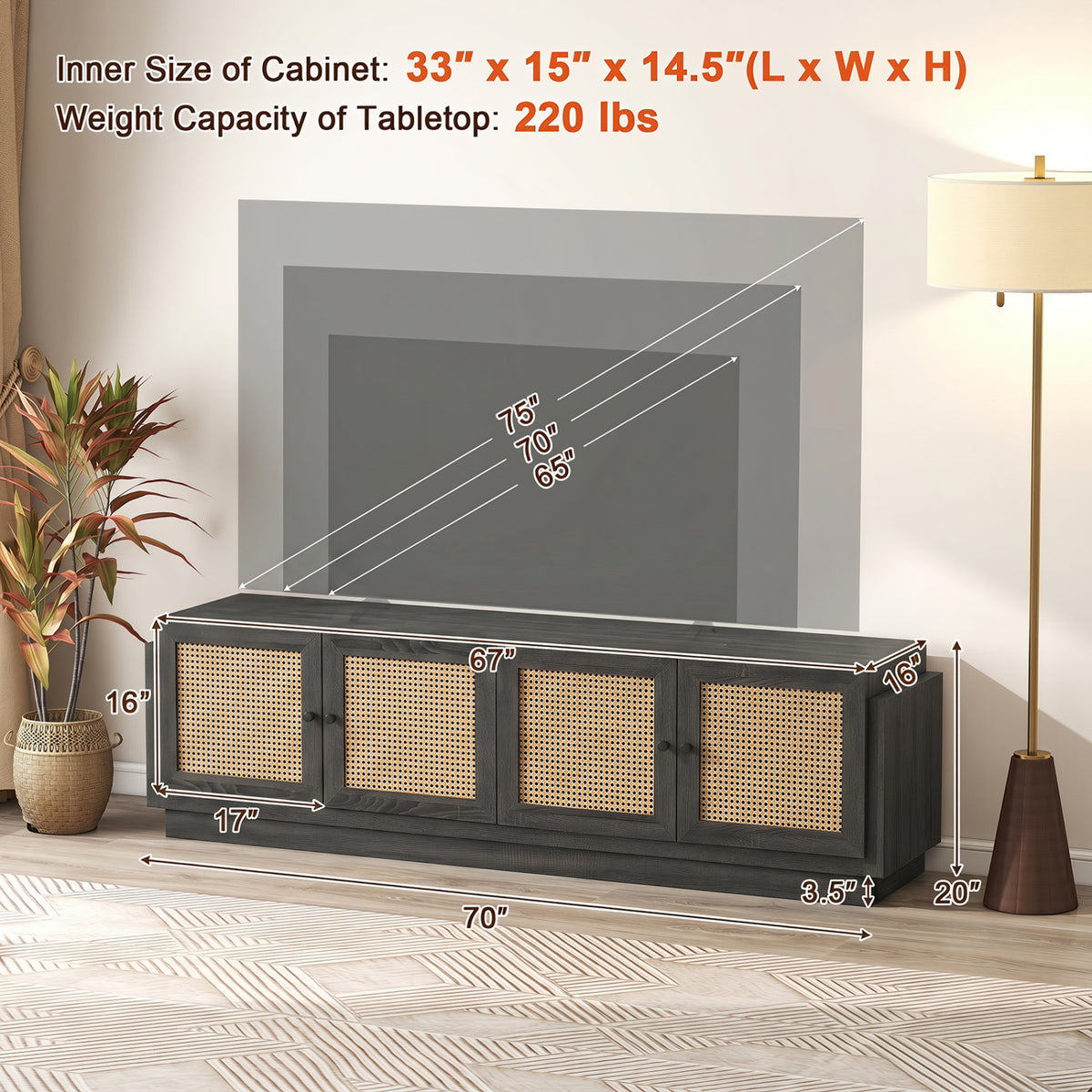 Farmhouse TV Stand for TVs up to 75 Inches with 2 Cabinets-Black