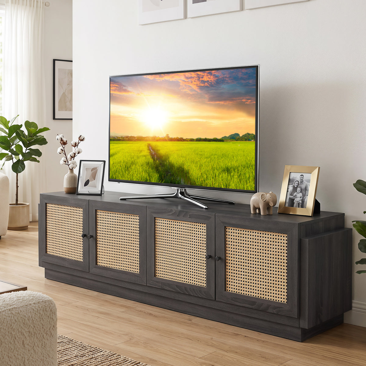Farmhouse TV Stand for TVs up to 75 Inches with 2 Cabinets-Black