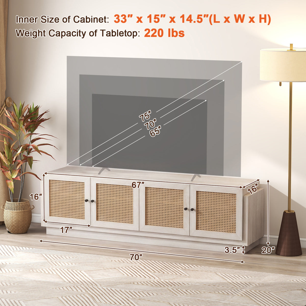 Farmhouse TV Stand for TVs up to 75 Inches with 2 Cabinets-White