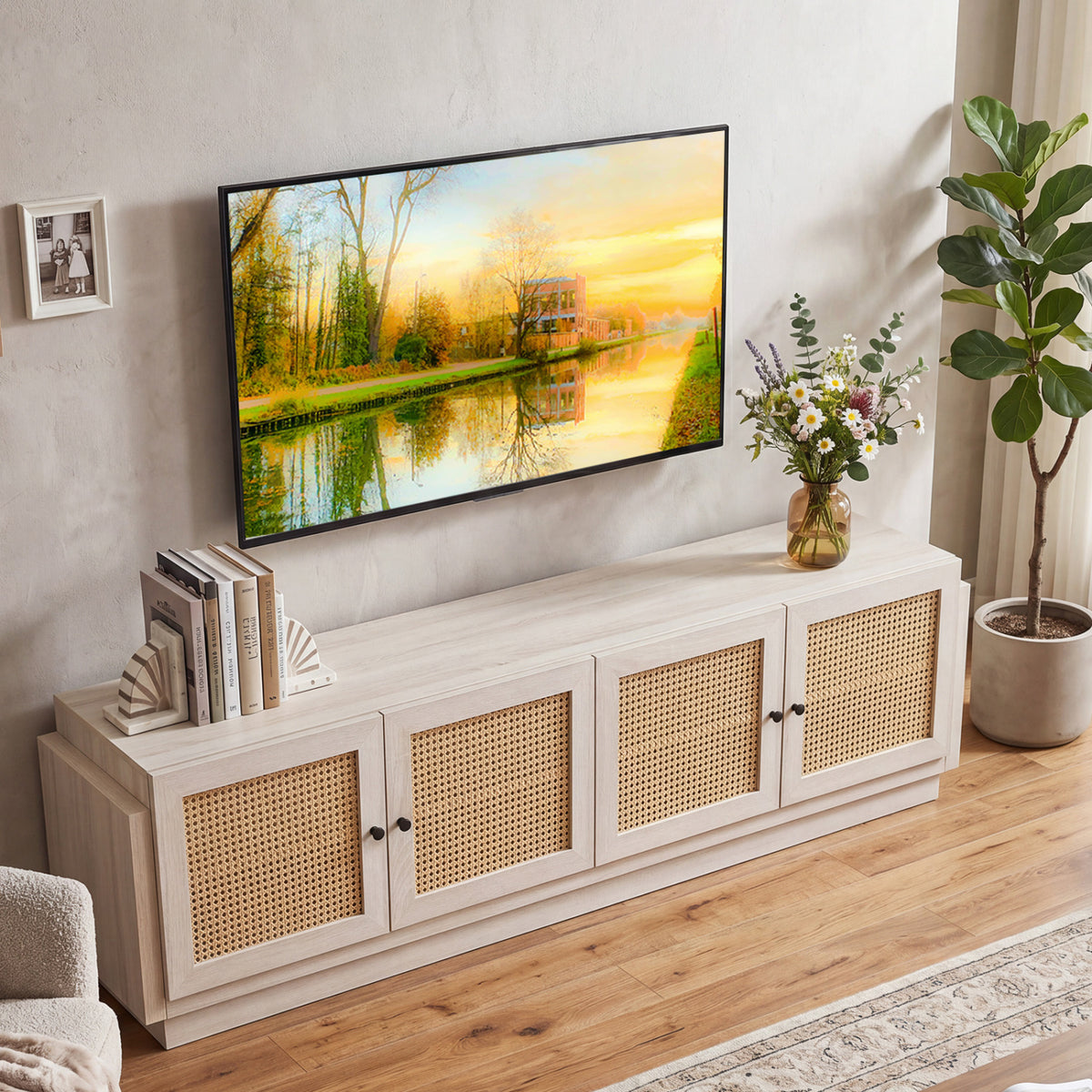 Farmhouse TV Stand for TVs up to 75 Inches with 2 Cabinets-White