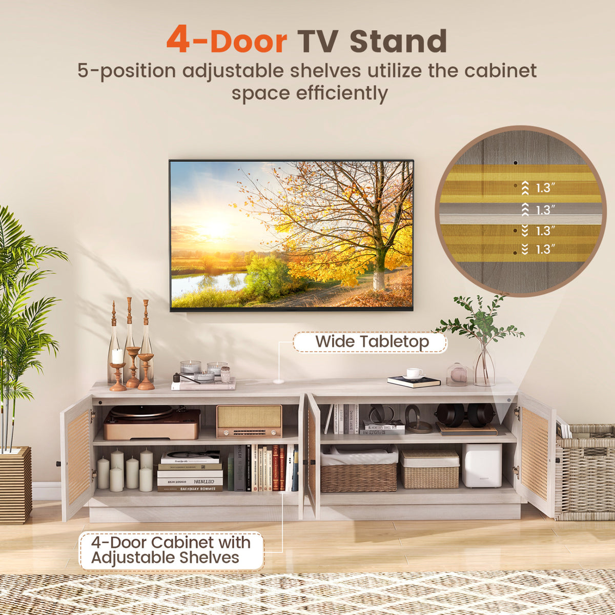 Farmhouse TV Stand for TVs up to 75 Inches with 2 Cabinets-White