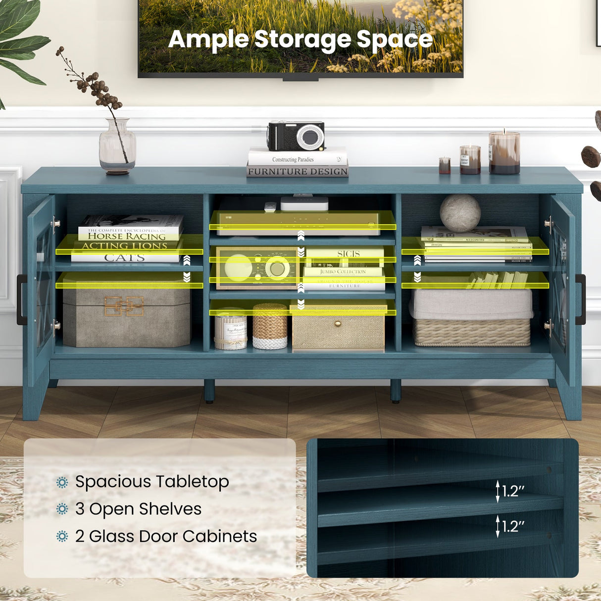 Farmhouse TV Stand for TVs Up to 65 Inches 4 Adjustable Shelves-Teal Blue