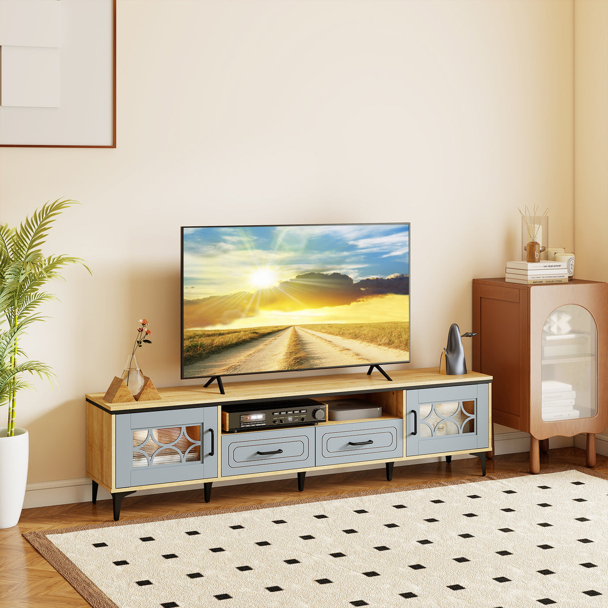 Farmhouse TV Stand for TVs up to 80 Inch with 2 Drawers-Oak and Gray