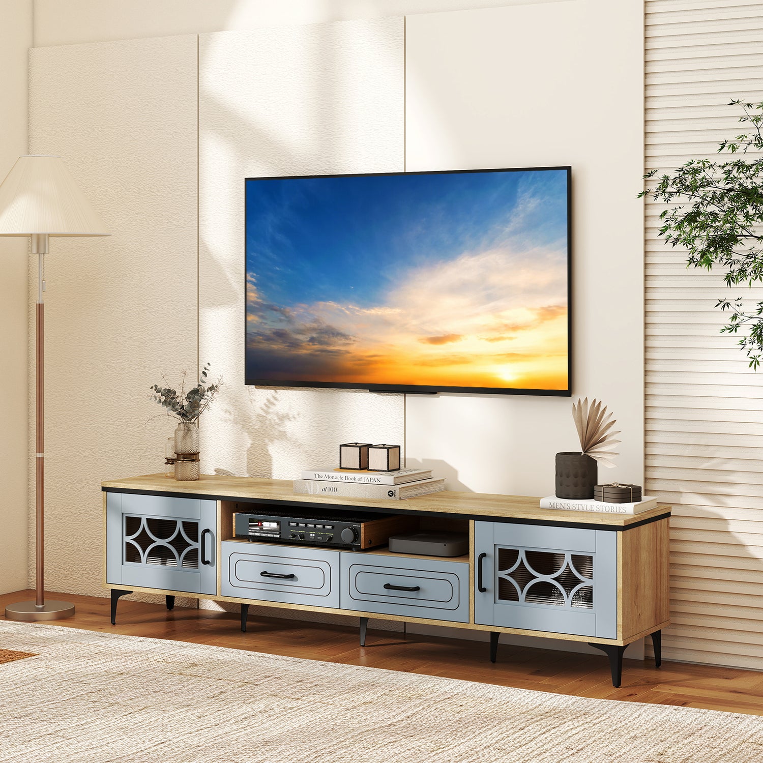 Farmhouse TV Stand for TVs up to 80 Inch with 2 Drawers-Oak and Gray