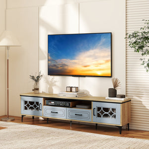 Farmhouse TV Stand for TVs up to 80 Inch with 2 Drawers-Oak and Gray