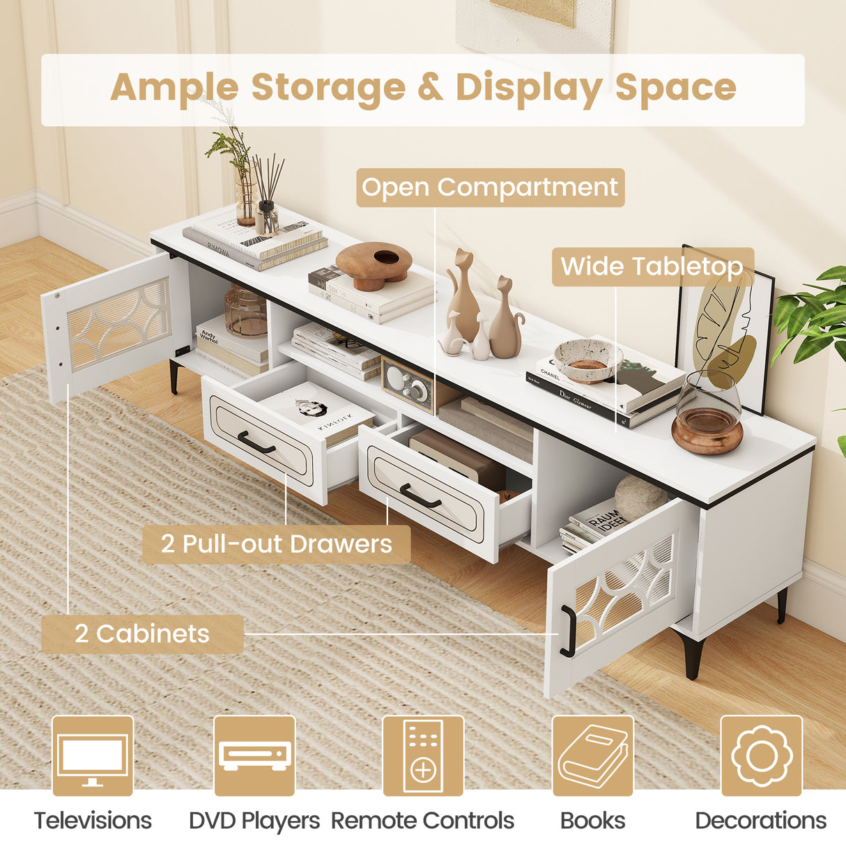 Farmhouse TV Stand for TVs up to 80 Inch with 2 Drawers-White
