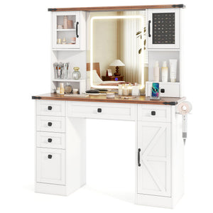 Farmhouse Vanity Desk with Lighted Mirror and 3 Doors-White