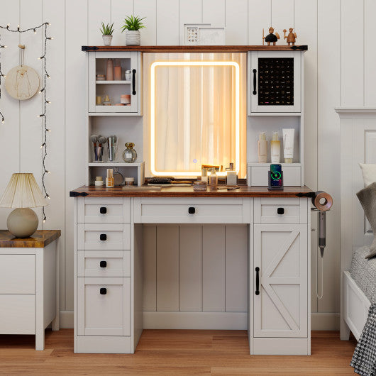 Farmhouse Vanity Desk with Lighted Mirror and 3 Doors-White