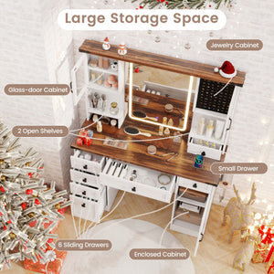 Farmhouse Vanity Desk with Lighted Mirror and 3 Doors-White