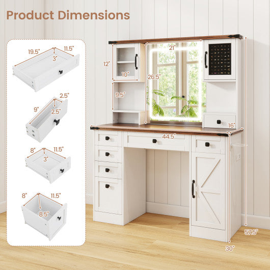 Farmhouse Vanity Desk with Lighted Mirror and 3 Doors-White