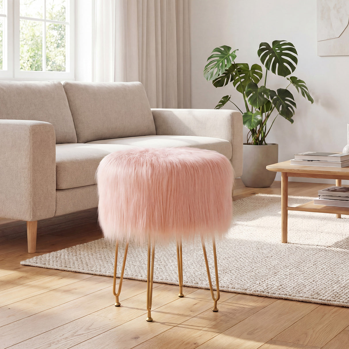 Faux Fur Vanity Stool Chair with Metal Legs for Bedroom and Living Room-Pink