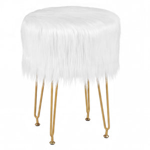 Faux Fur Vanity Stool Chair with Metal Legs for Bedroom and Living Room-White
