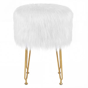 Faux Fur Vanity Stool Chair with Metal Legs for Bedroom and Living Room-Pink