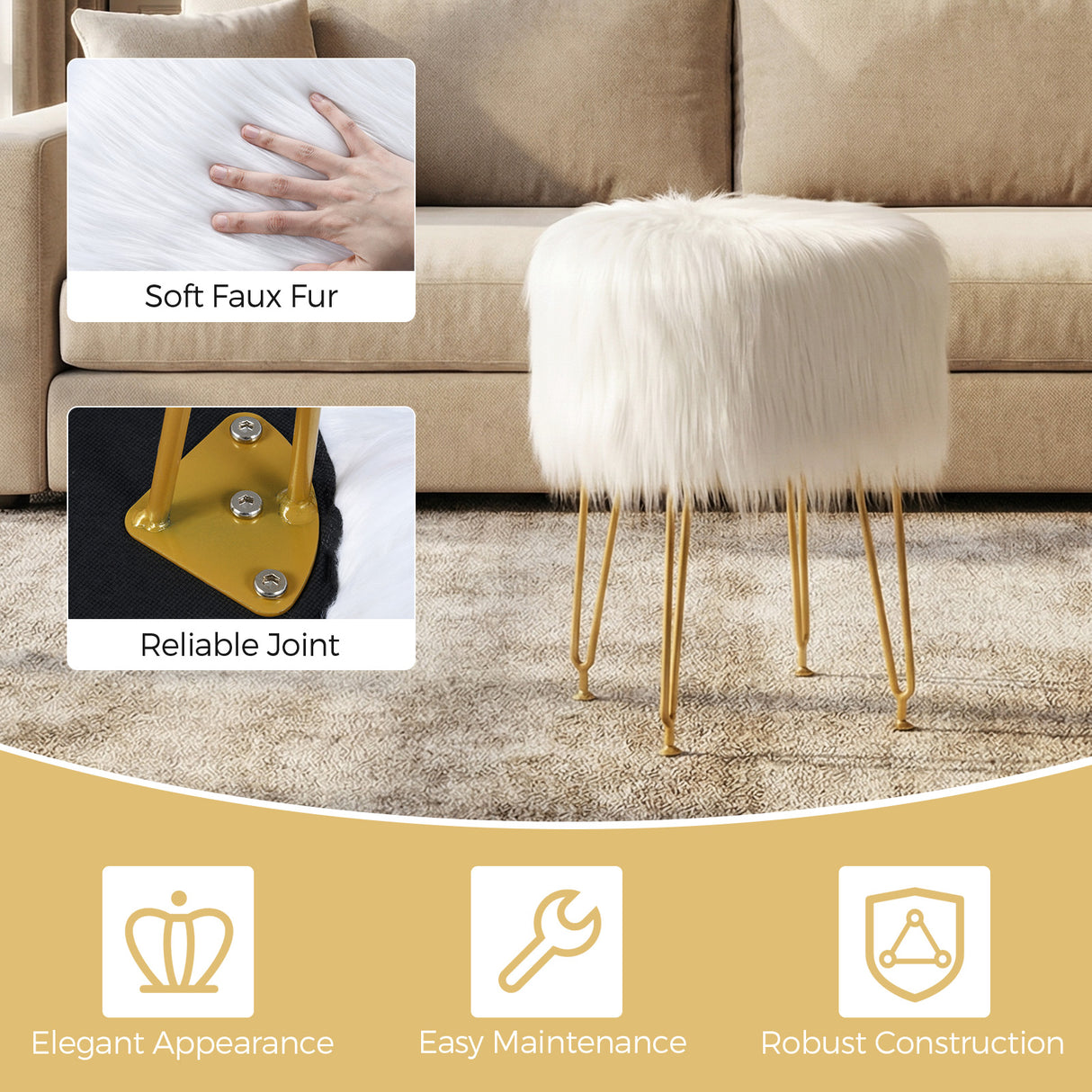 Faux Fur Vanity Stool Chair with Metal Legs for Bedroom and Living Room-Pink