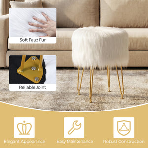 Faux Fur Vanity Stool Chair with Metal Legs for Bedroom and Living Room-White