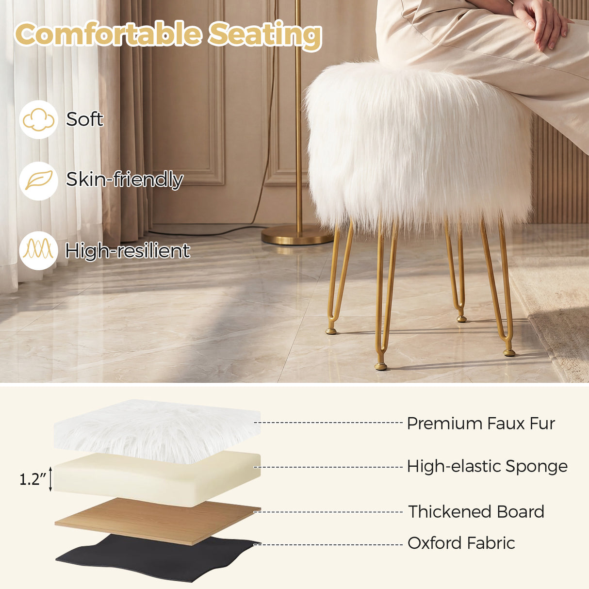 Faux Fur Vanity Stool Chair with Metal Legs for Bedroom and Living Room-Pink