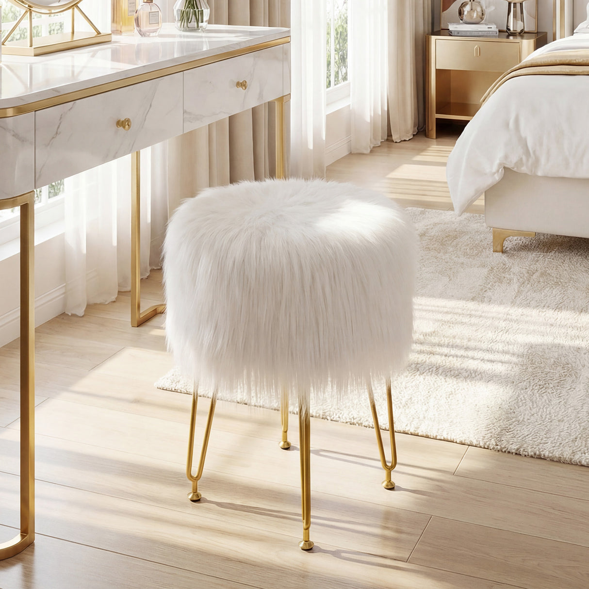 Faux Fur Vanity Stool Chair with Metal Legs for Bedroom and Living Room-Pink