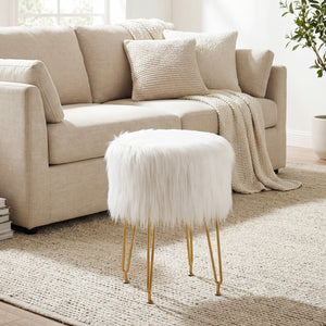 Faux Fur Vanity Stool Chair with Metal Legs for Bedroom and Living Room-Pink