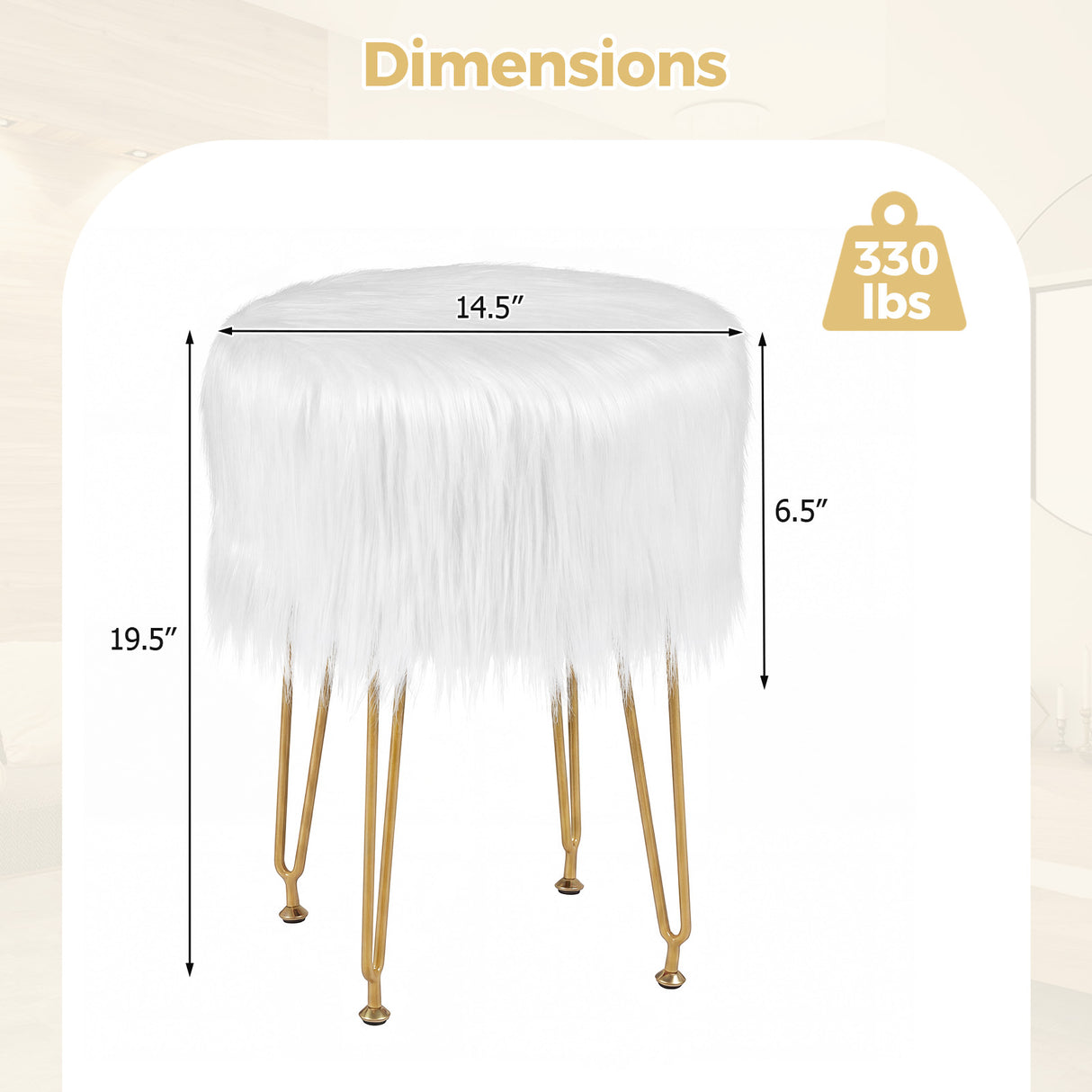 Faux Fur Vanity Stool Chair with Metal Legs for Bedroom and Living Room-Pink