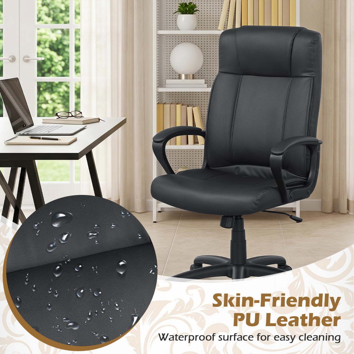 Faux Leather Office Chair Computer Desk Chair with Rocking Function-Black