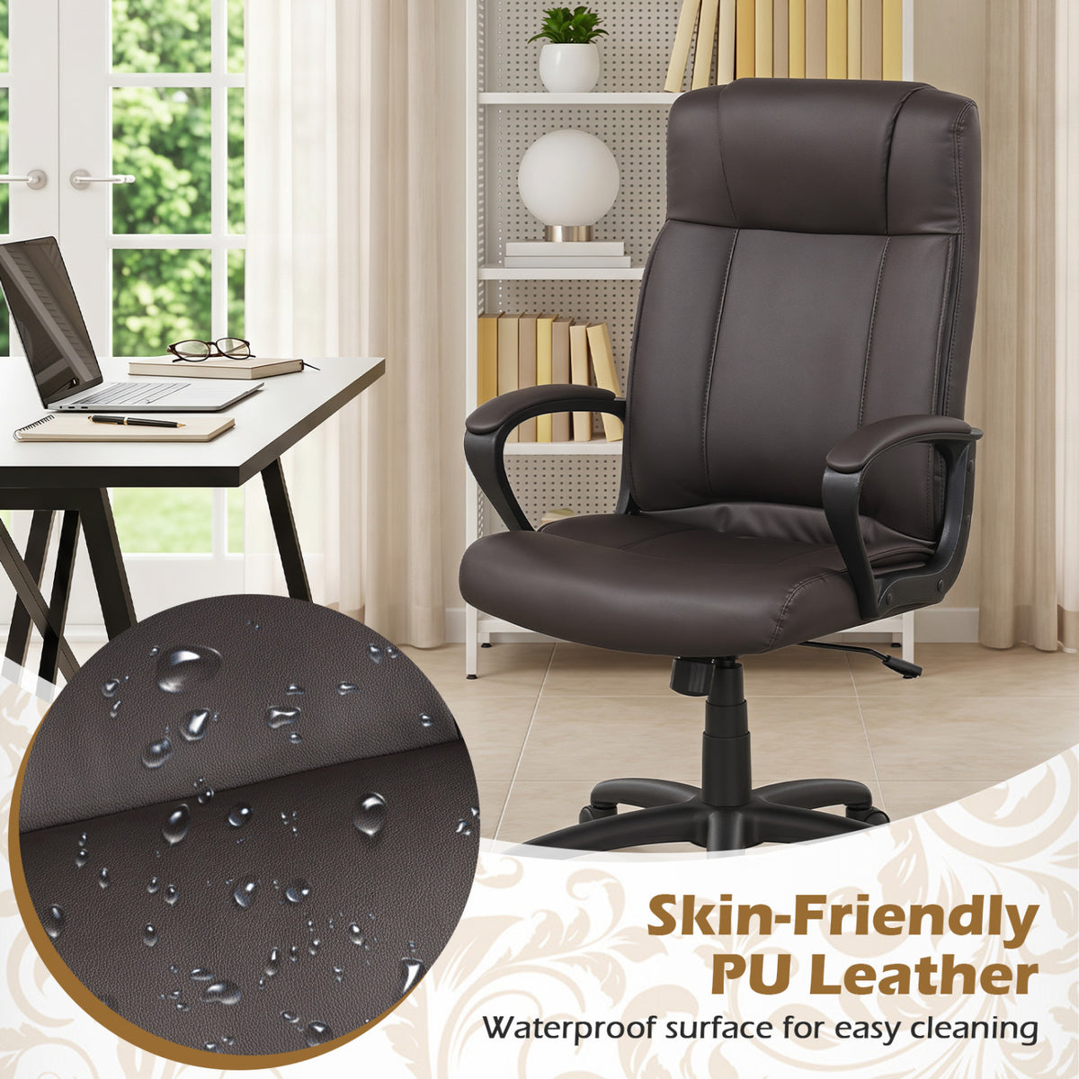 Faux Leather Office Chair Computer Desk Chair with Rocking Function-Brown