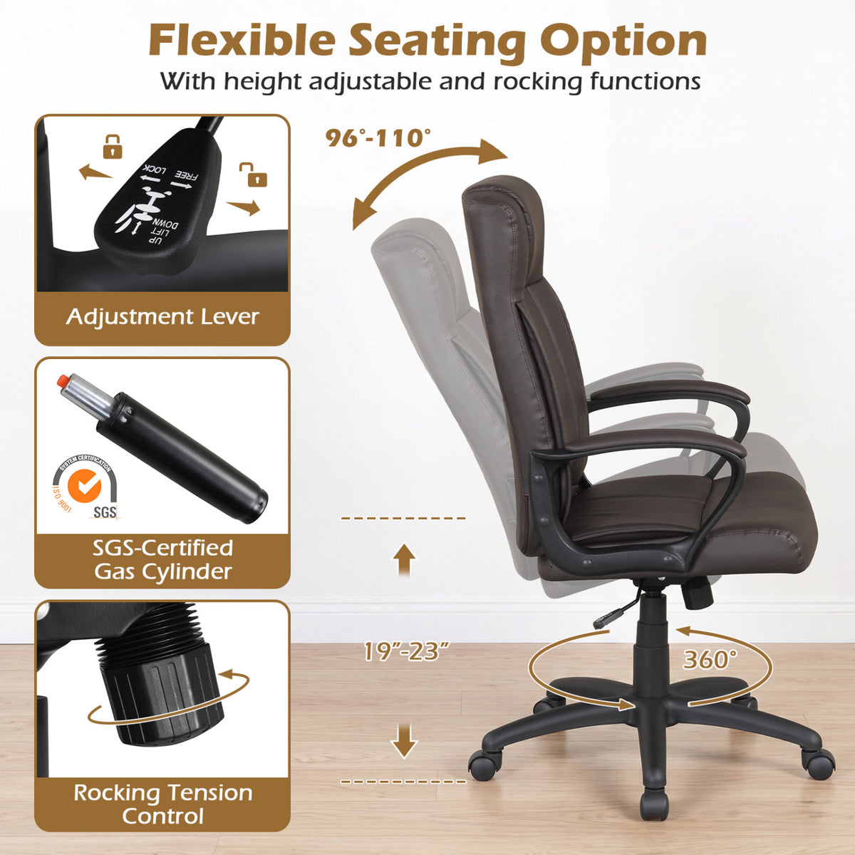 Faux Leather Office Chair Computer Desk Chair with Rocking Function-Brown