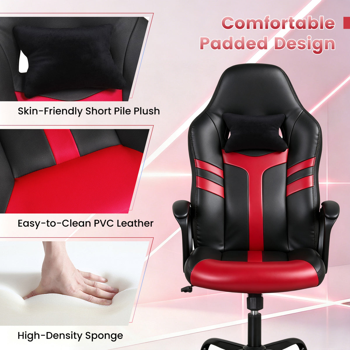 Faux Leather Upholstered Office Chair with Removable Head Pillow and Rocking Function-Red