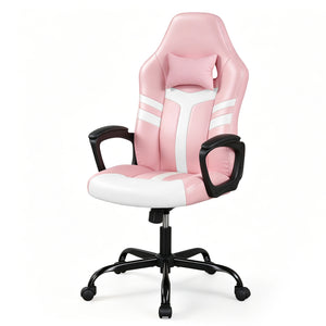 Faux Leather Upholstered Office Chair with Removable Head Pillow and Rocking Function-Pink