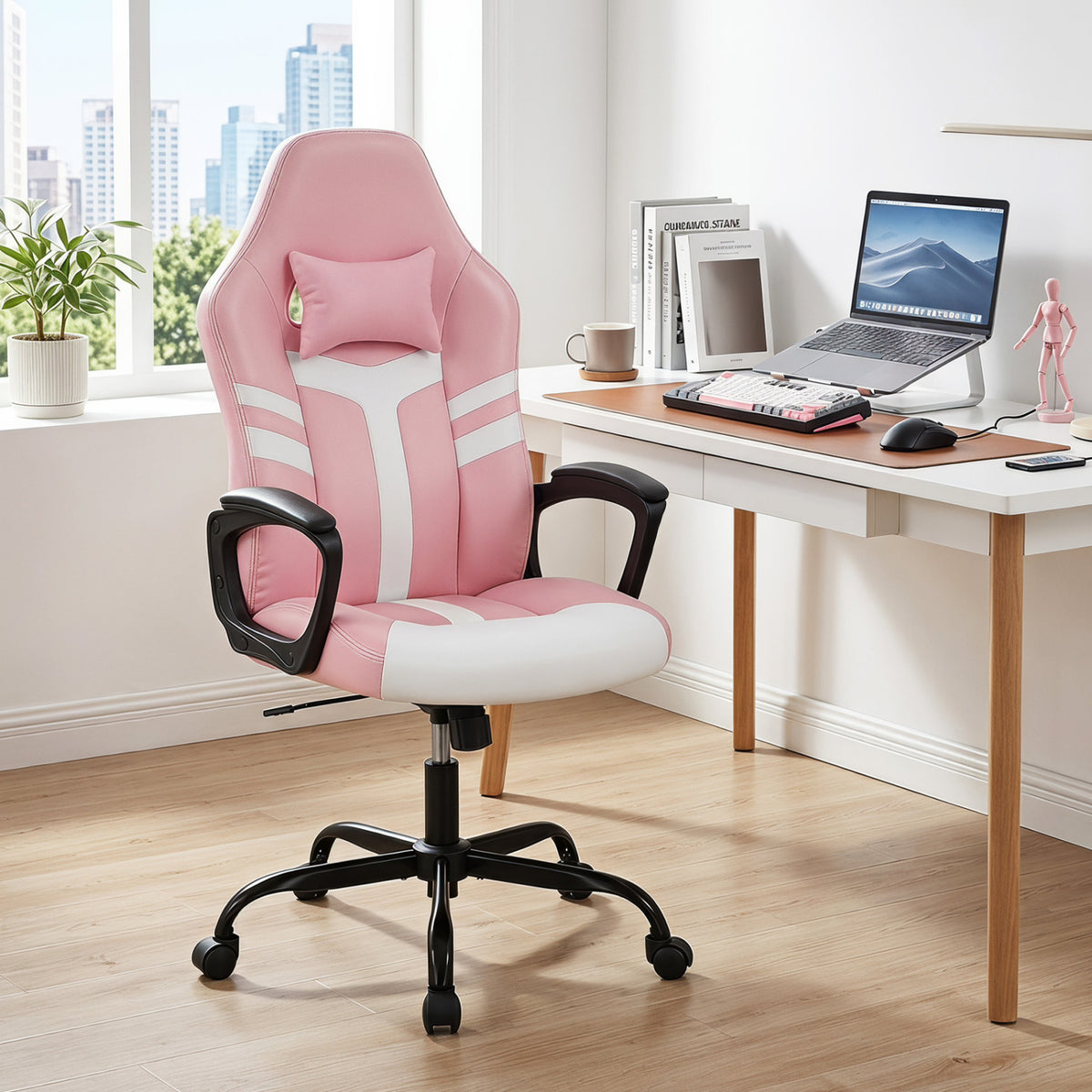 Faux Leather Upholstered Office Chair with Removable Head Pillow and Rocking Function-Pink
